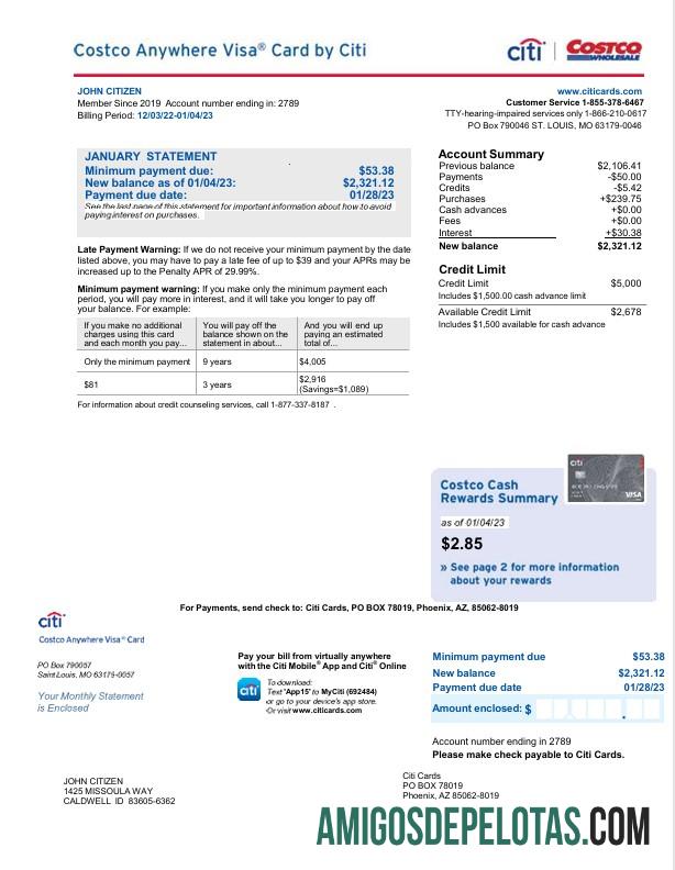 Extrato realista do cartão bancário do Citi dos EUA, modelo Word e PDF, 2 páginas